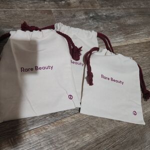 Rare Beauty Drawstring Pouches - Cream with Burgundy Logo Set Of 3 New